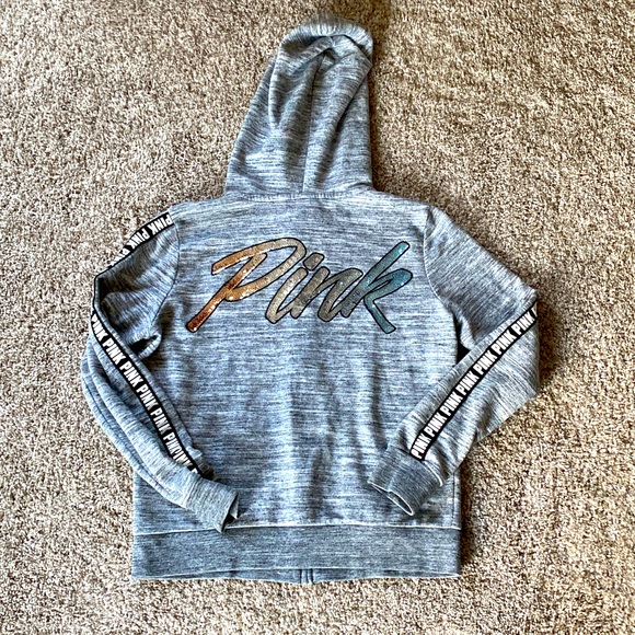 PINK Victoria's Secret Tops - Victoria secret zip up hoodie with sequin lettering, race stripe down the arms